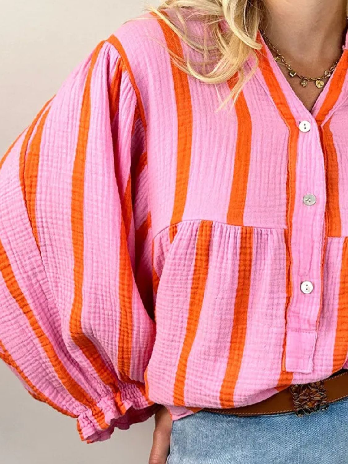 Striped Notched Long Sleeve Blouse