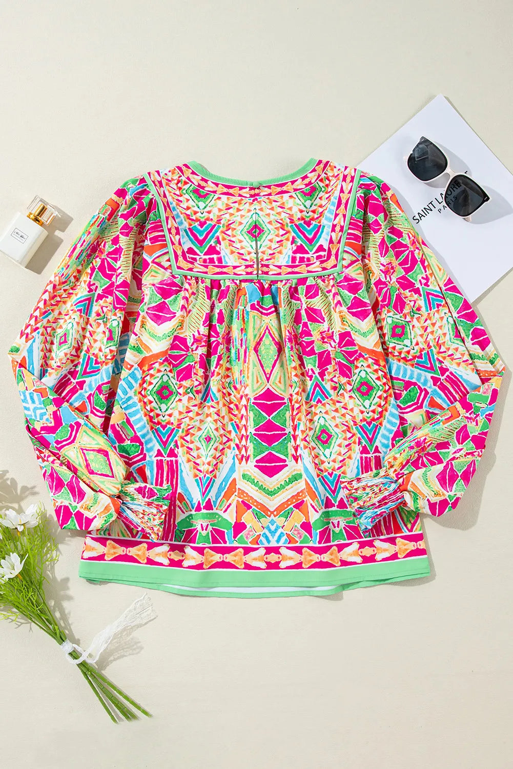 Geometric Printed Round Neck Long Sleeve Blouse