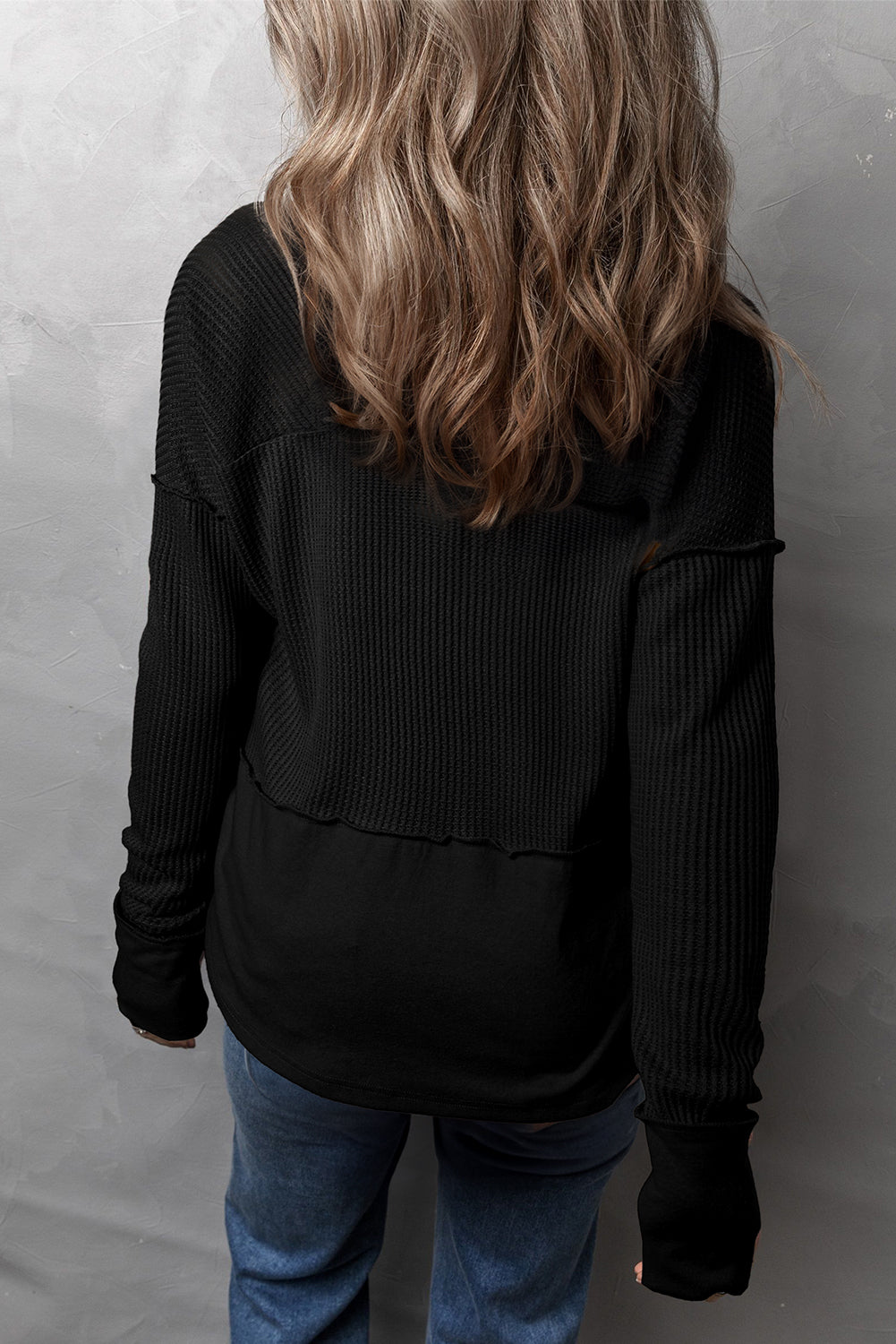 Waffle-Knit Exposed Seam Notched Long Sleeve Top