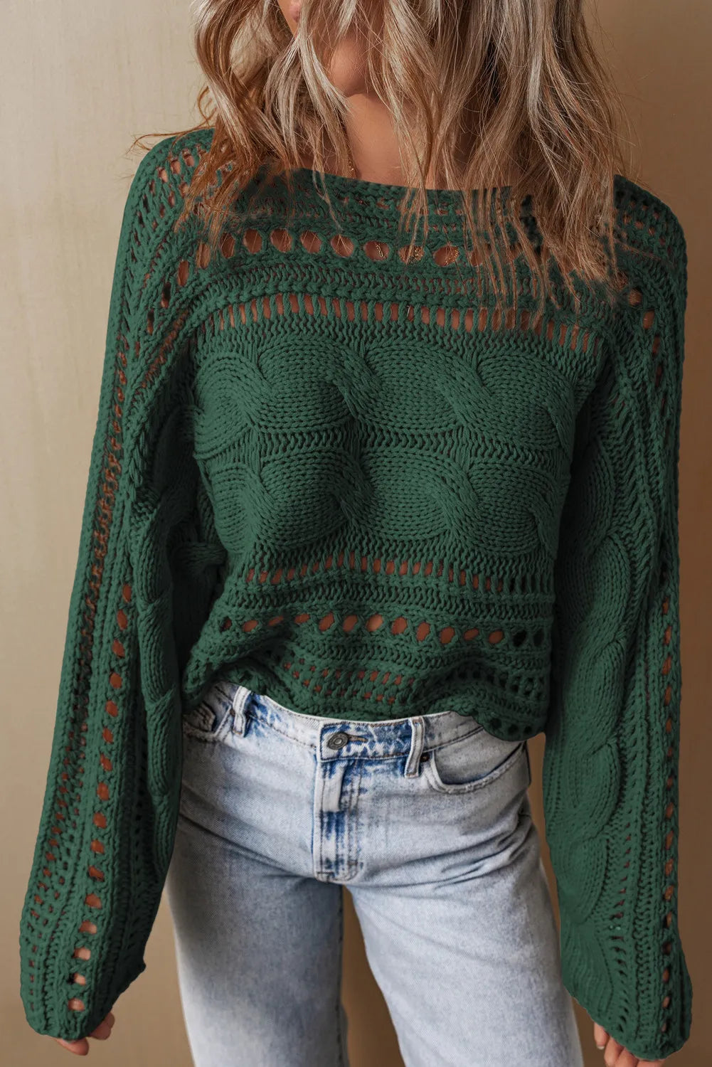 Cable-Knit Openwork Long Sleeve Sweater