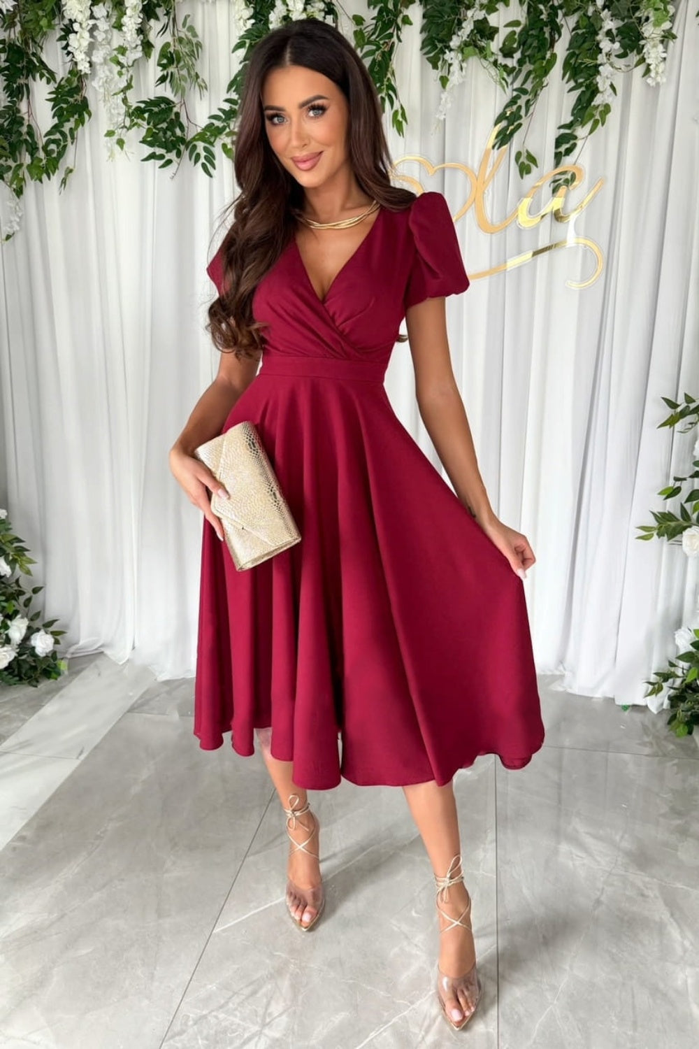 Surplice Puff Sleeve Midi Dress